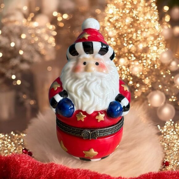 Vintage Hinged Santa Claus Trinket Box Ceramic Figurine w/ Stars Keepsake - Picture 1 of 10